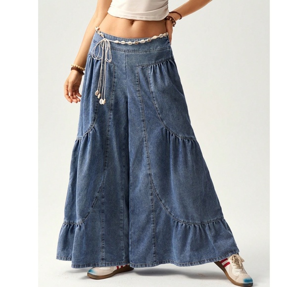 Plus Boho Medium Wash Stretchy Waist Wide Leg Denim Pants - Picture 1 of 5